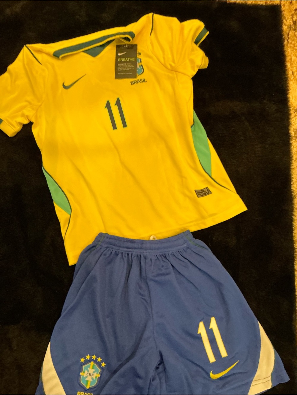 Nike Kids Yellow Brazil Soccer Jersey with Blue Shorts - Number 11 Raphinha Size